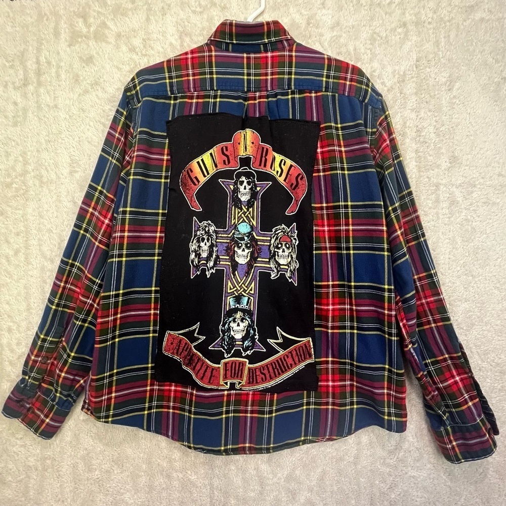 Guns and Roses Patch Flannel Button Up Shirt Sz L Lands End Upcycled Handmade